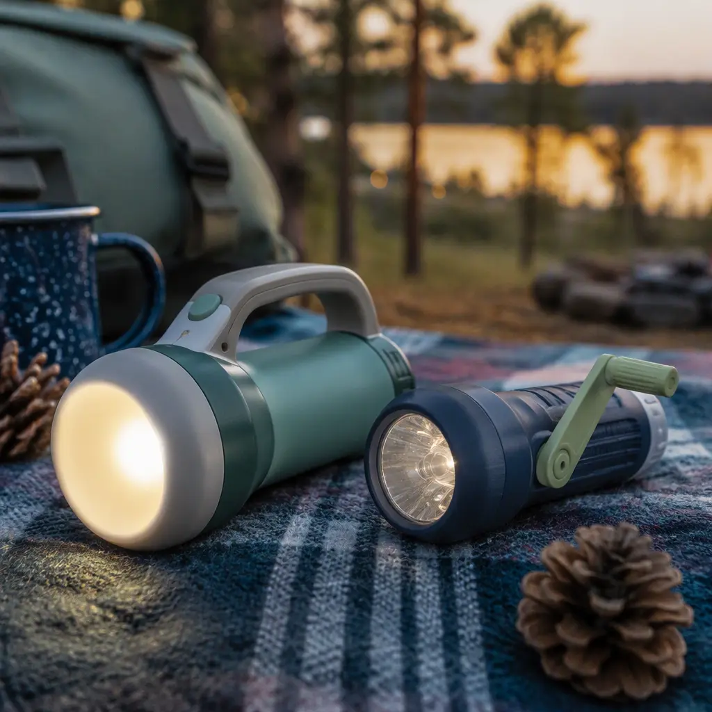 Rechargeable and wind-up flashlights on a camping blanket outdoors at dusk