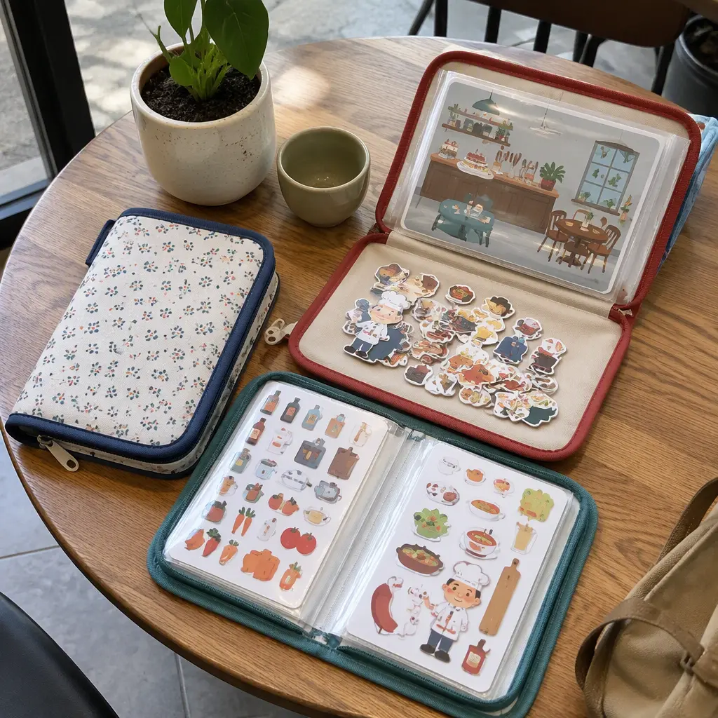 Compact reusable sticker and magnetic scene travel activities arranged on a restaurant table