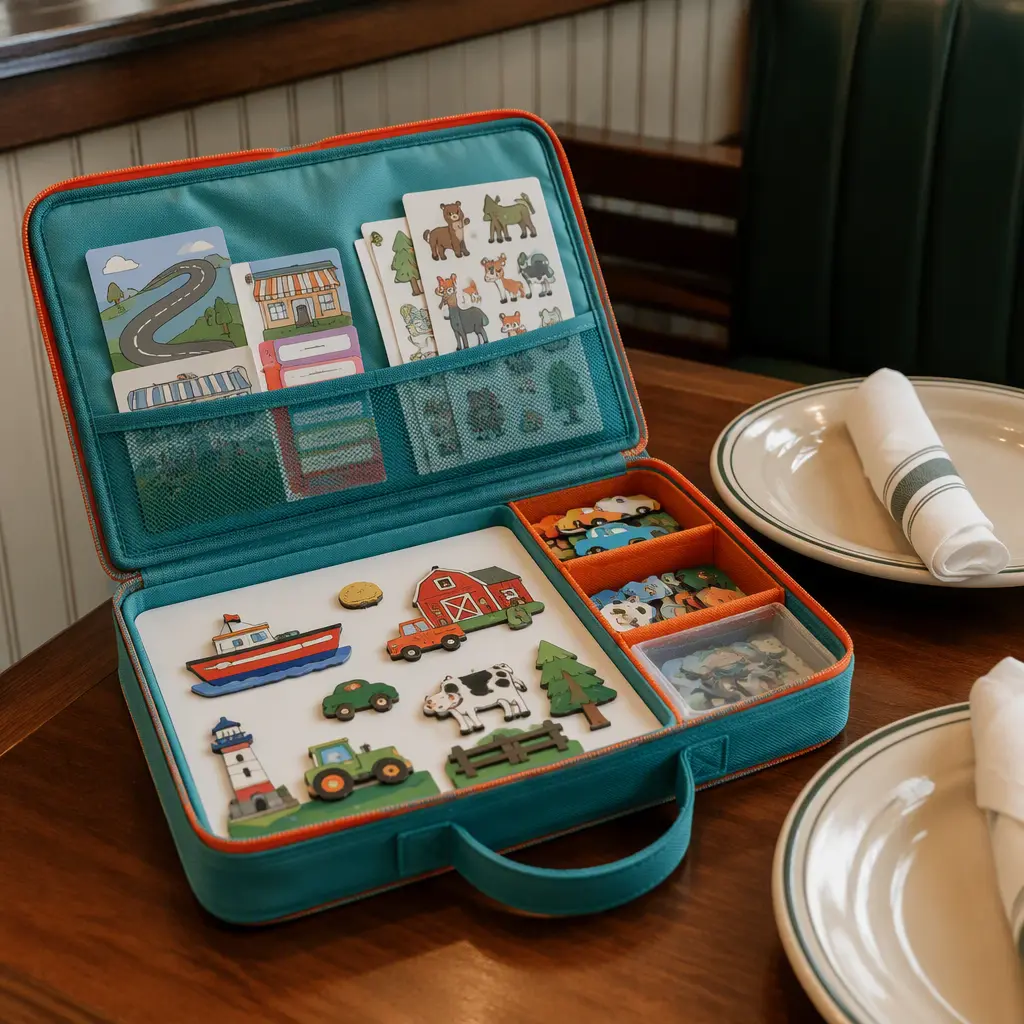 Travel activity set with reusable stickers and magnetic pieces organized at a restaurant booth