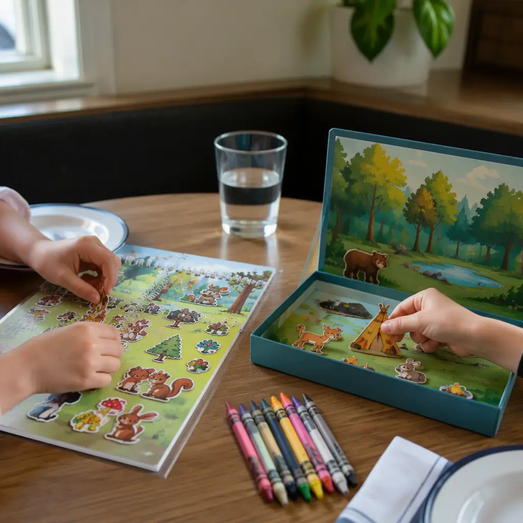 Reusable sticker kit and magnetic scene activity set on a restaurant table for preschool play