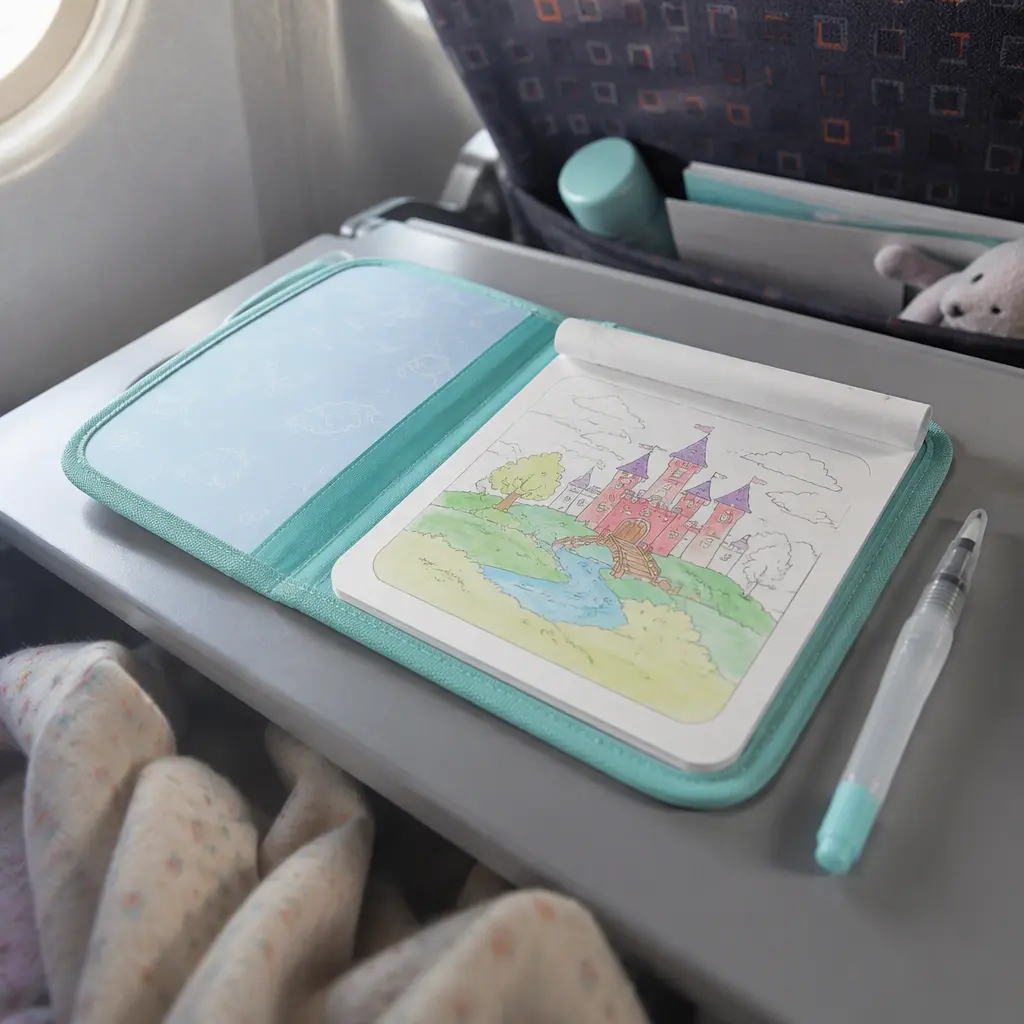 Reusable water coloring pad on an airplane tray table