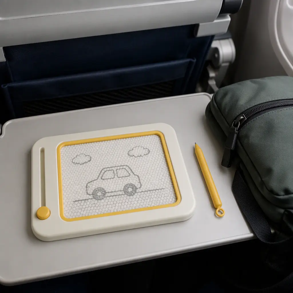 Compact gel drawing board arranged on an airplane tray table
