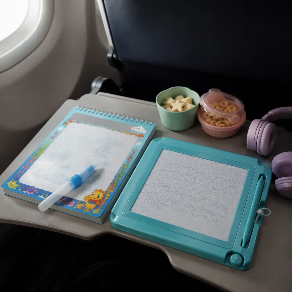 Reusable water art pad and gel drawing board on an airplane tray table for preschool travel entertainment