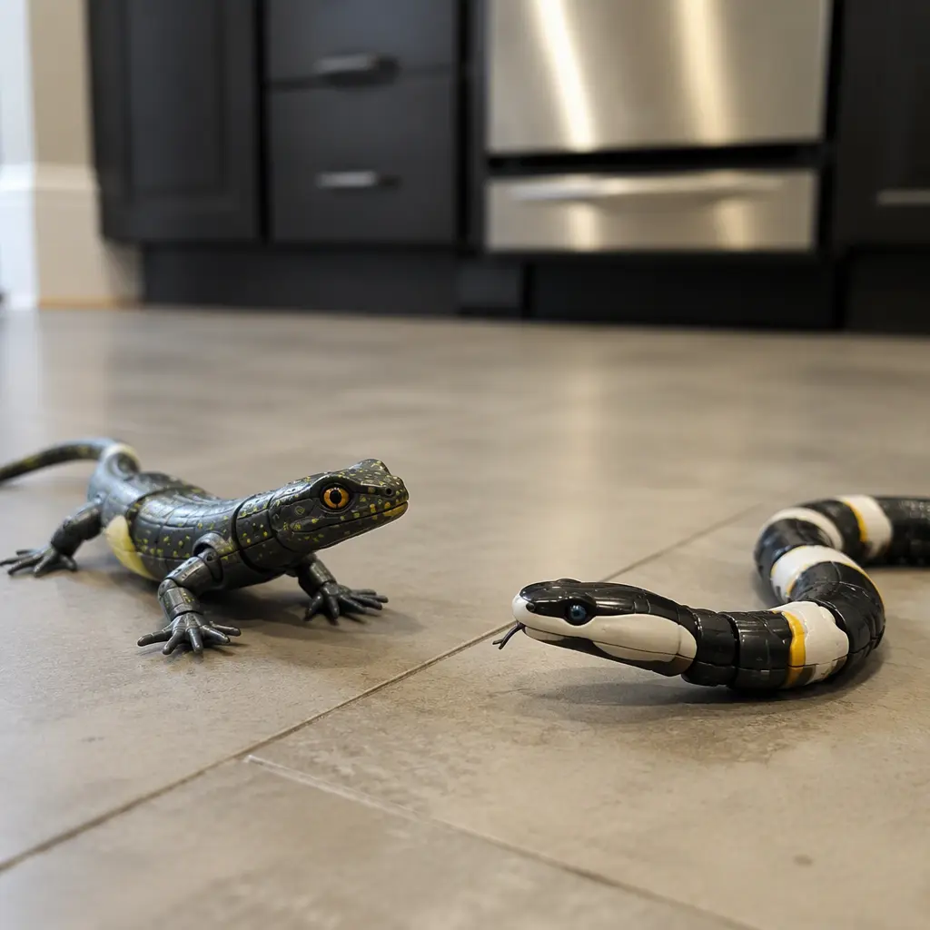 A robotic toy snake and lizard posed as if moving across a home floor.