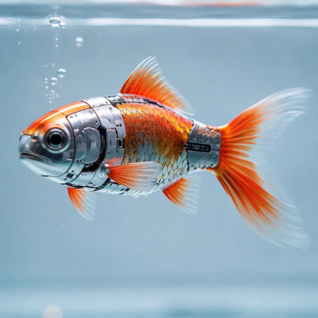 Robotic toy fish displayed underwater in a clear studio aquarium setup.