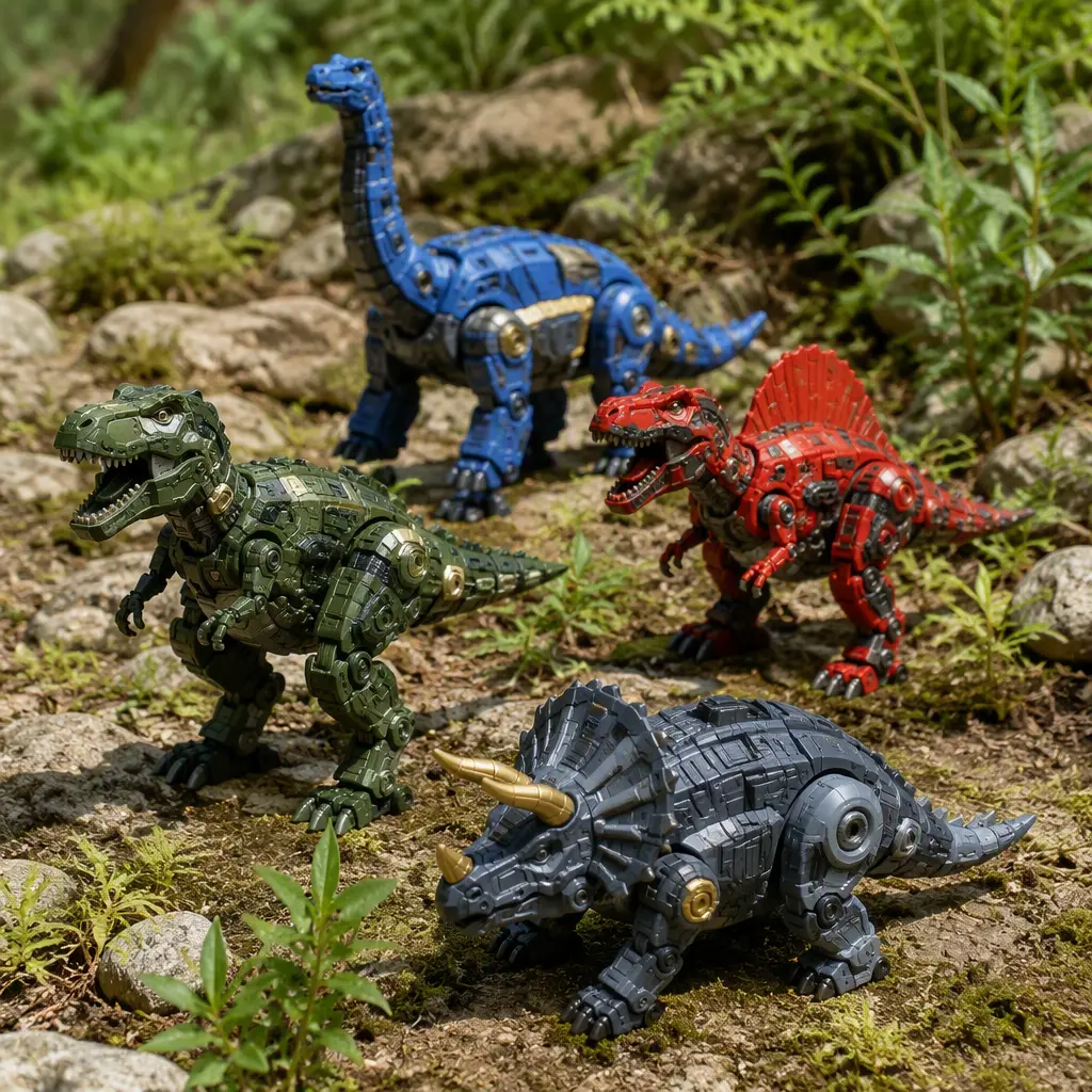 Collection of robotic dinosaur toys arranged in a natural-looking tabletop scene