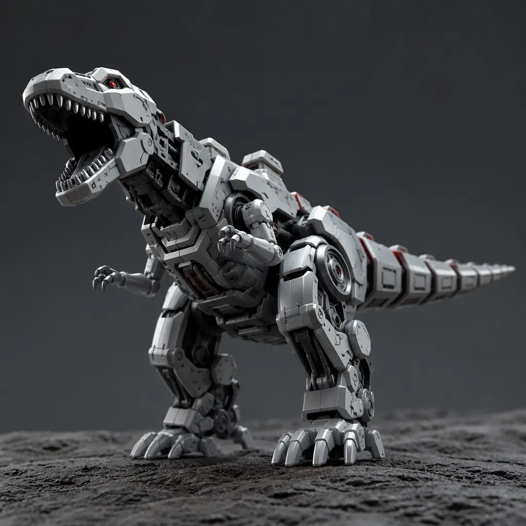Low-angle view of a robotic dinosaur toy with open jaws and articulated tail