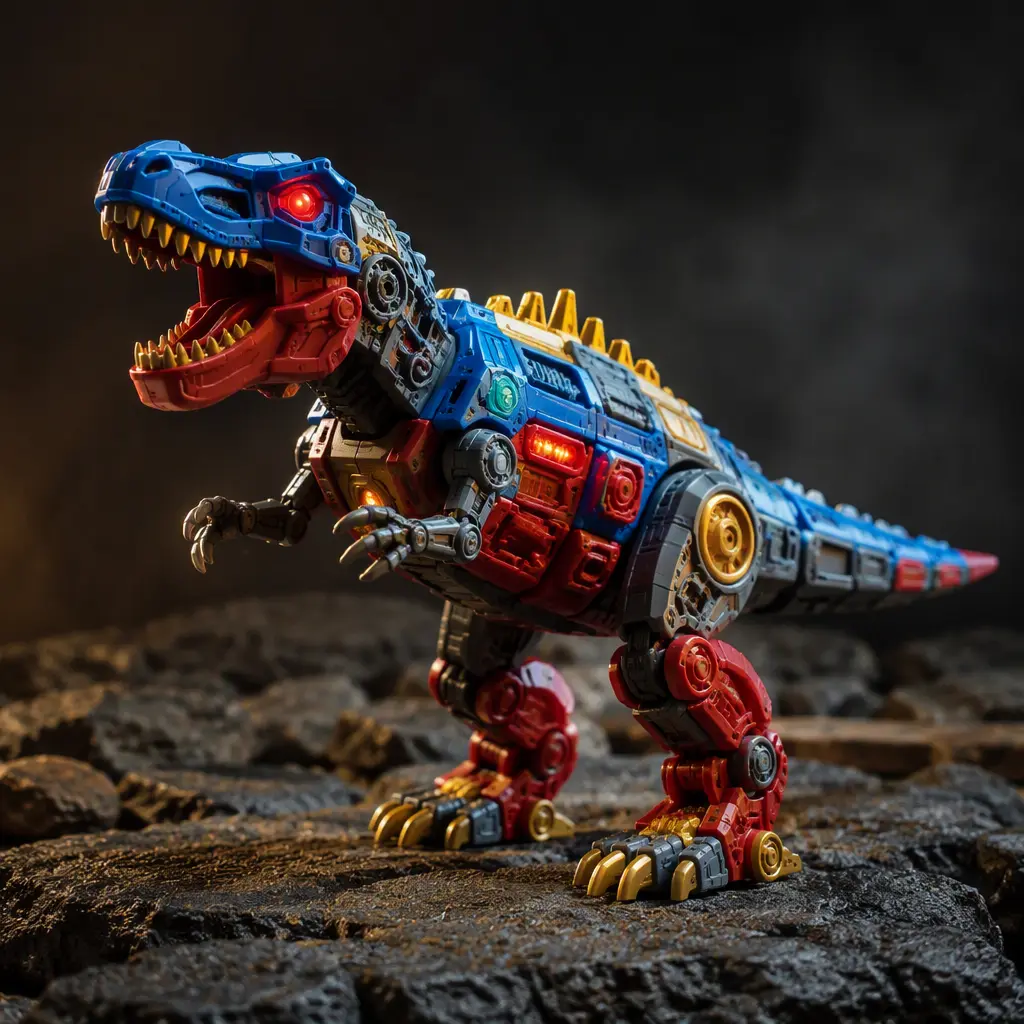 Robotic dinosaur toy posed on a rocky studio set with dramatic lighting