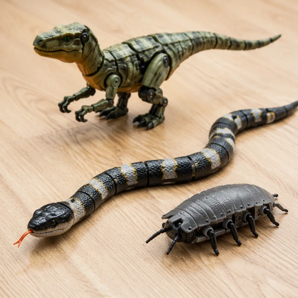 A group of small robotic toy creatures posed on a tabletop in a studio setting.