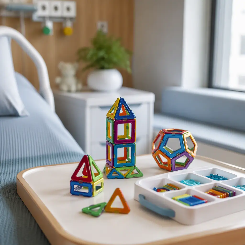 Compact magnetic building toys on a bedside tray