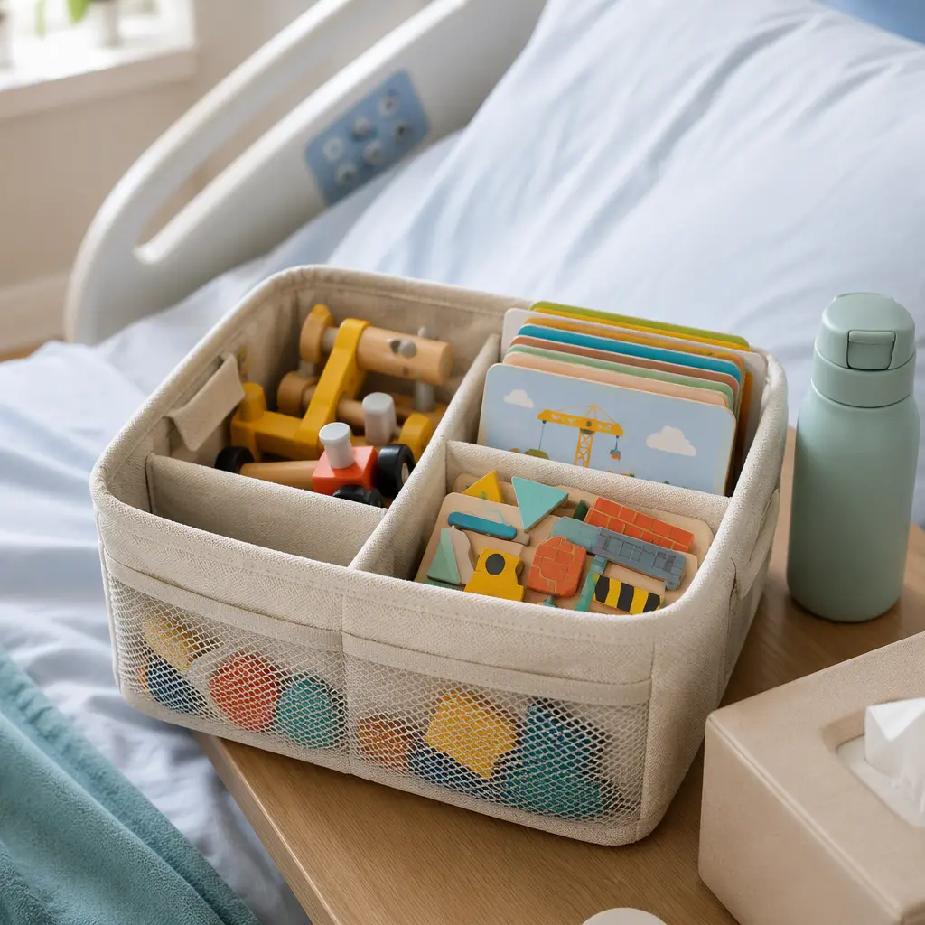 Organized quiet toys stored beside a hospital bed
