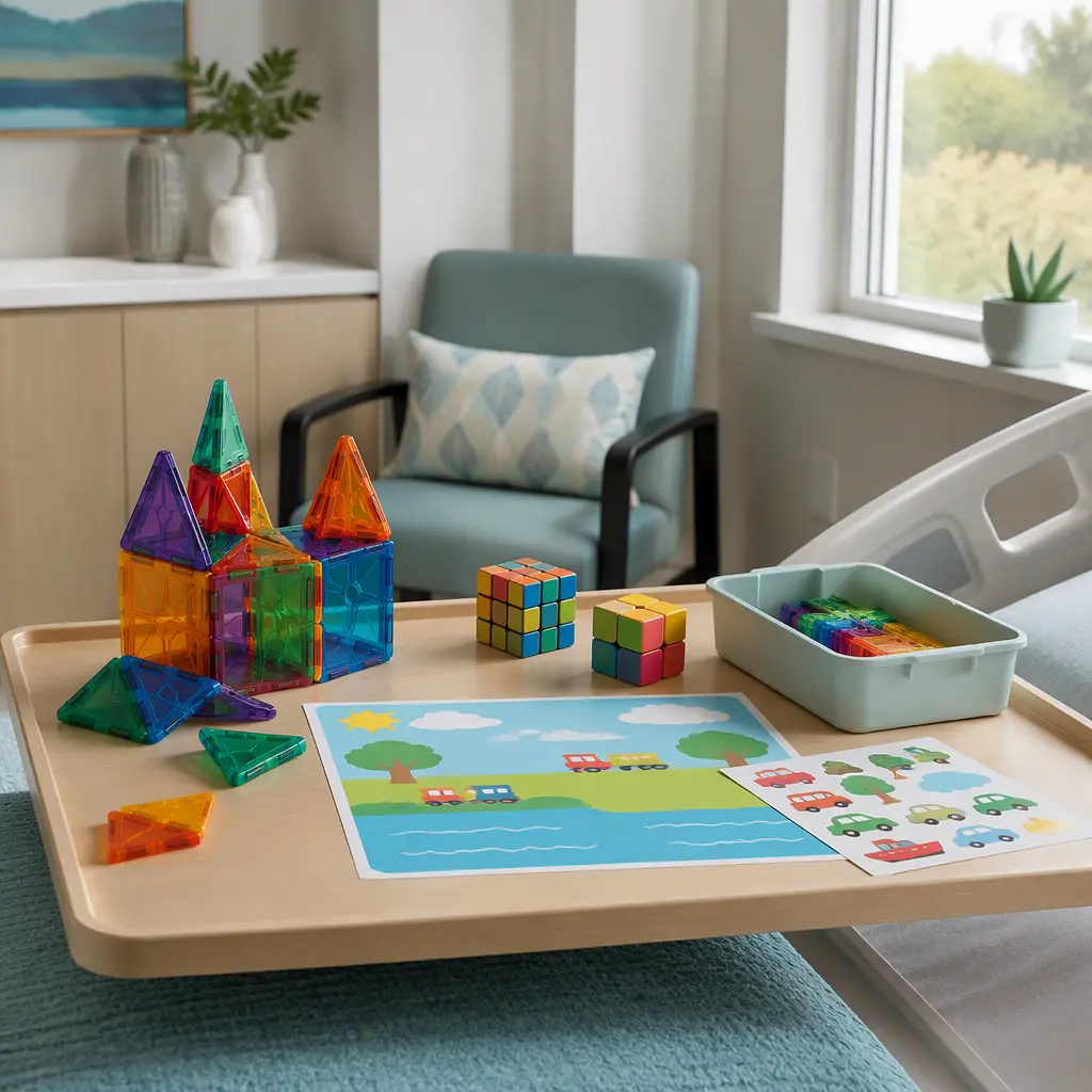 Quiet screen-free toys arranged on a hospital tray table for a recovering child