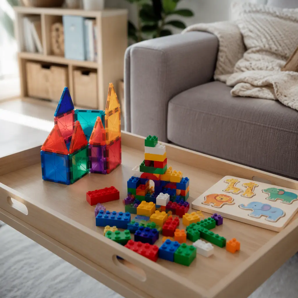 Seated play toys arranged on a tray table beside a sofa