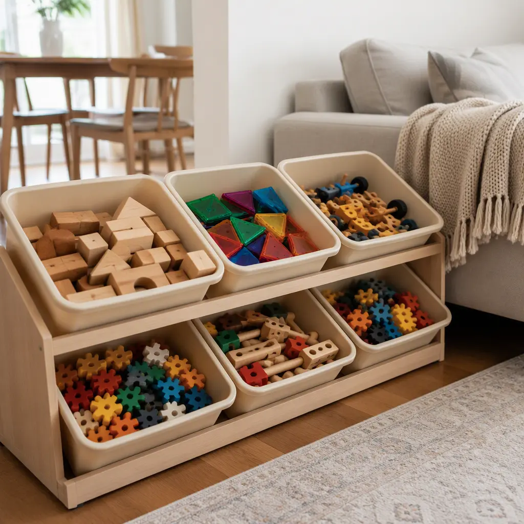 Organized construction toys stored beside a couch for easy seated access