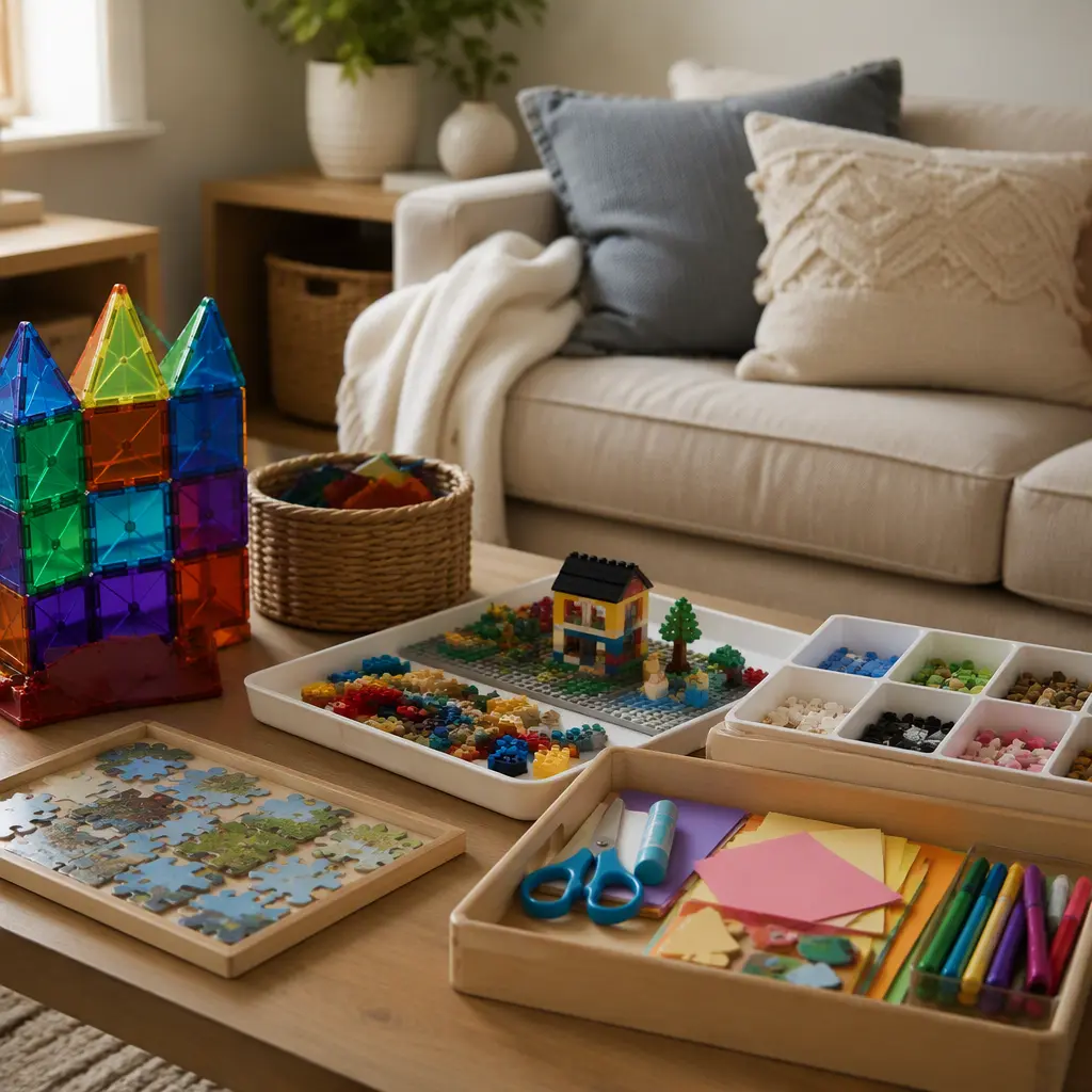 Screen-free seated play toys arranged on a low table in a cozy living room
