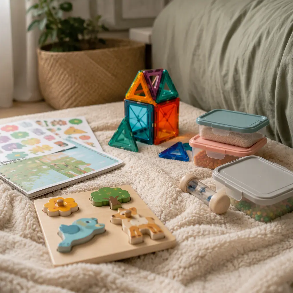 Quiet recovery toys arranged on a blanket near a bed
