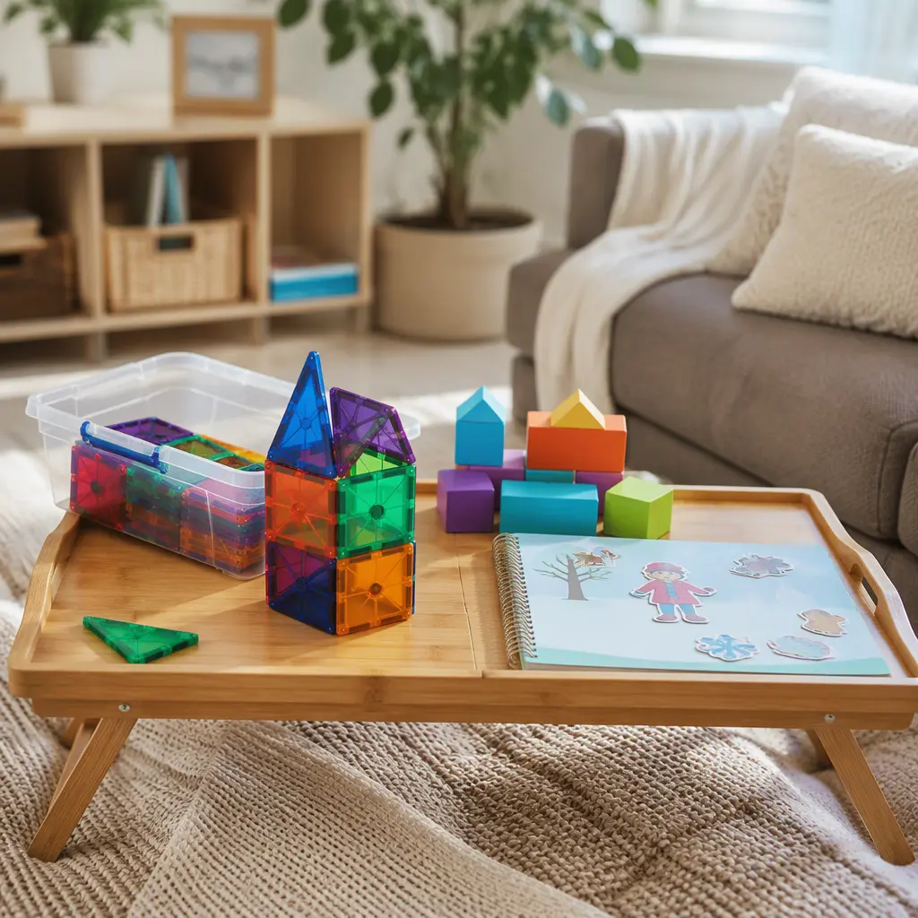 Lap tray with quiet preschool toys for couch recovery time