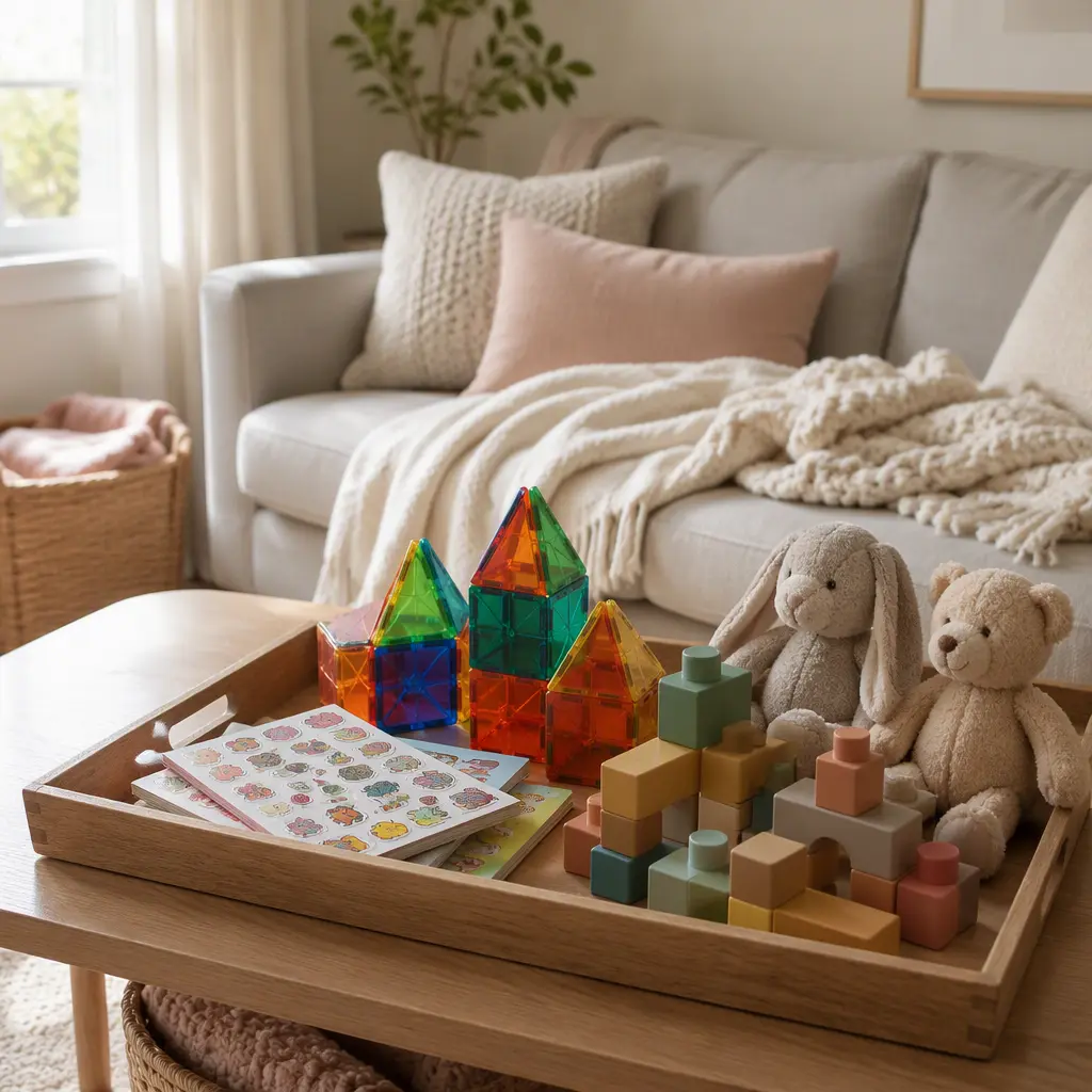 Quiet screen-free toys arranged beside a couch for preschool recovery time