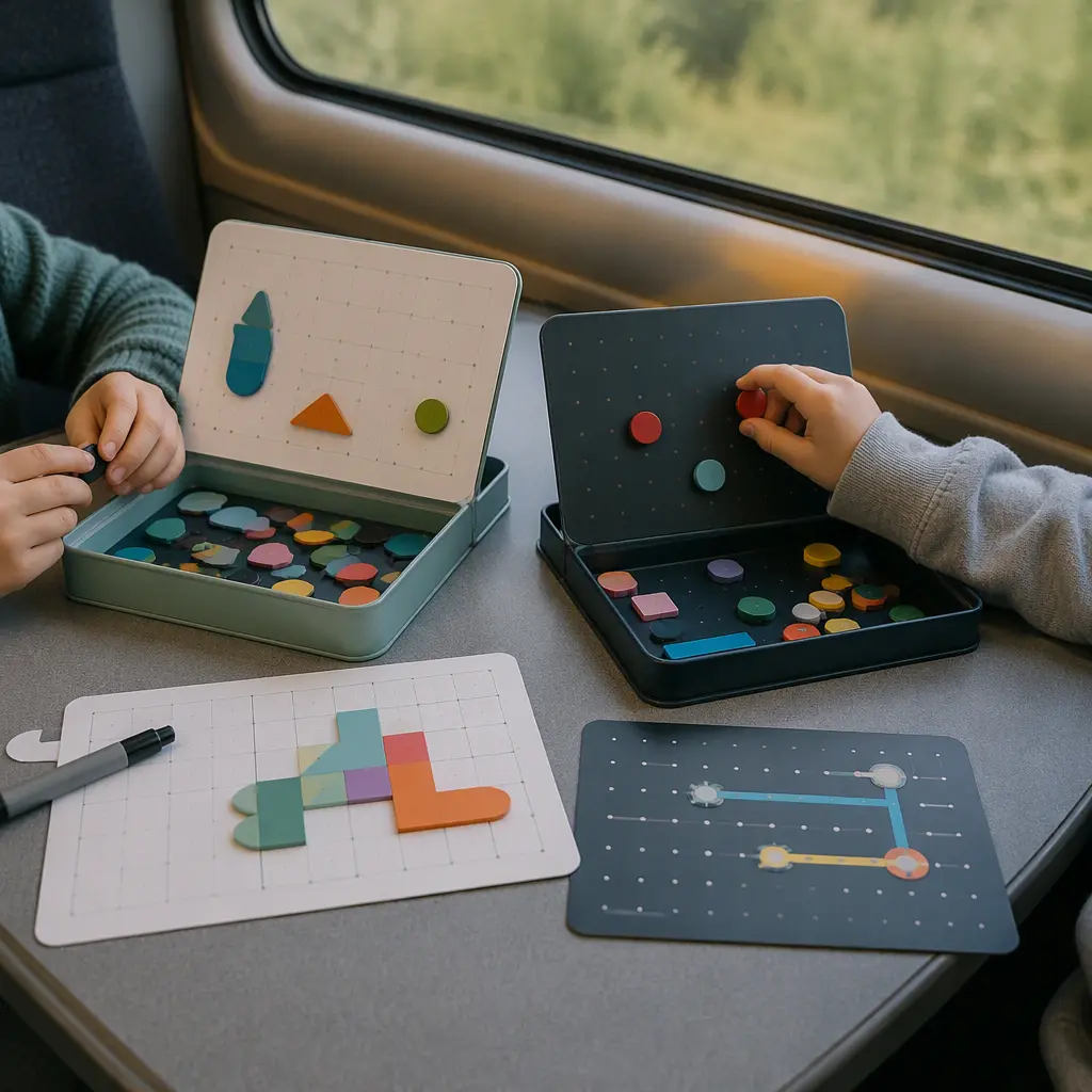 Compact magnetic travel toys and reusable activity boards on a train table