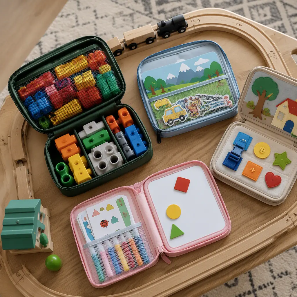 Organized preschool travel toys stored neatly in compact pouches for transport