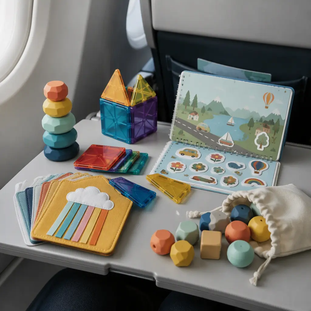 Compact screen-free travel toys arranged on a tray table for preschool children to share during travel