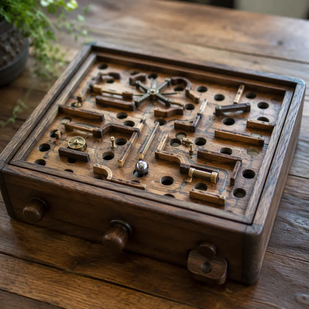 Vintage-style marble obstacle course game set up on a wooden table