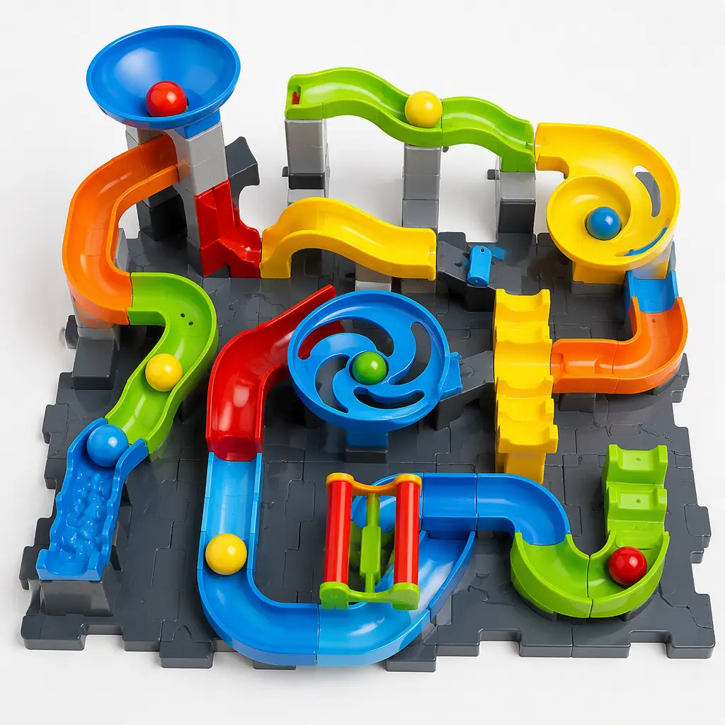 Overhead view of a colorful mechanical marble obstacle course toy