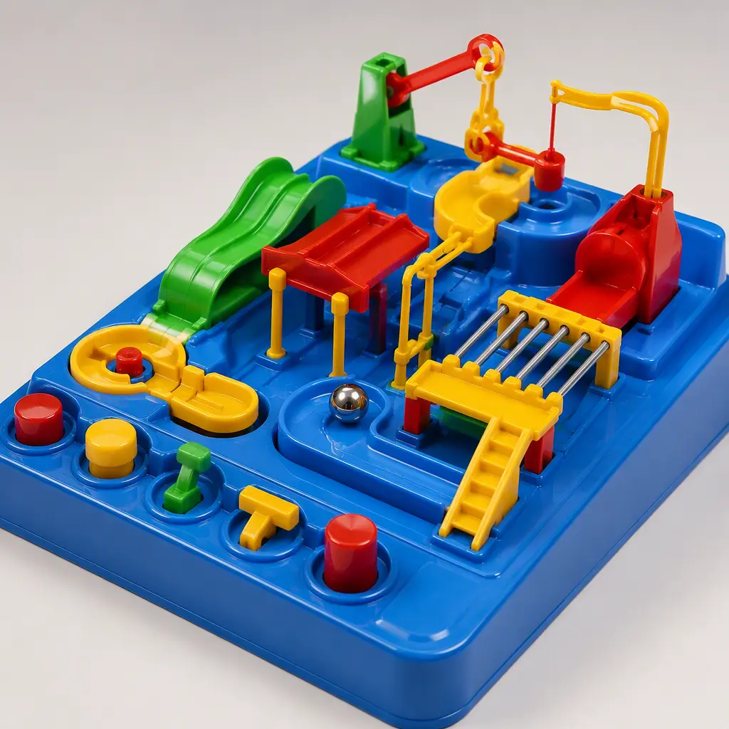 Colorful tabletop marble obstacle course toy with mechanical challenges and a metal ball