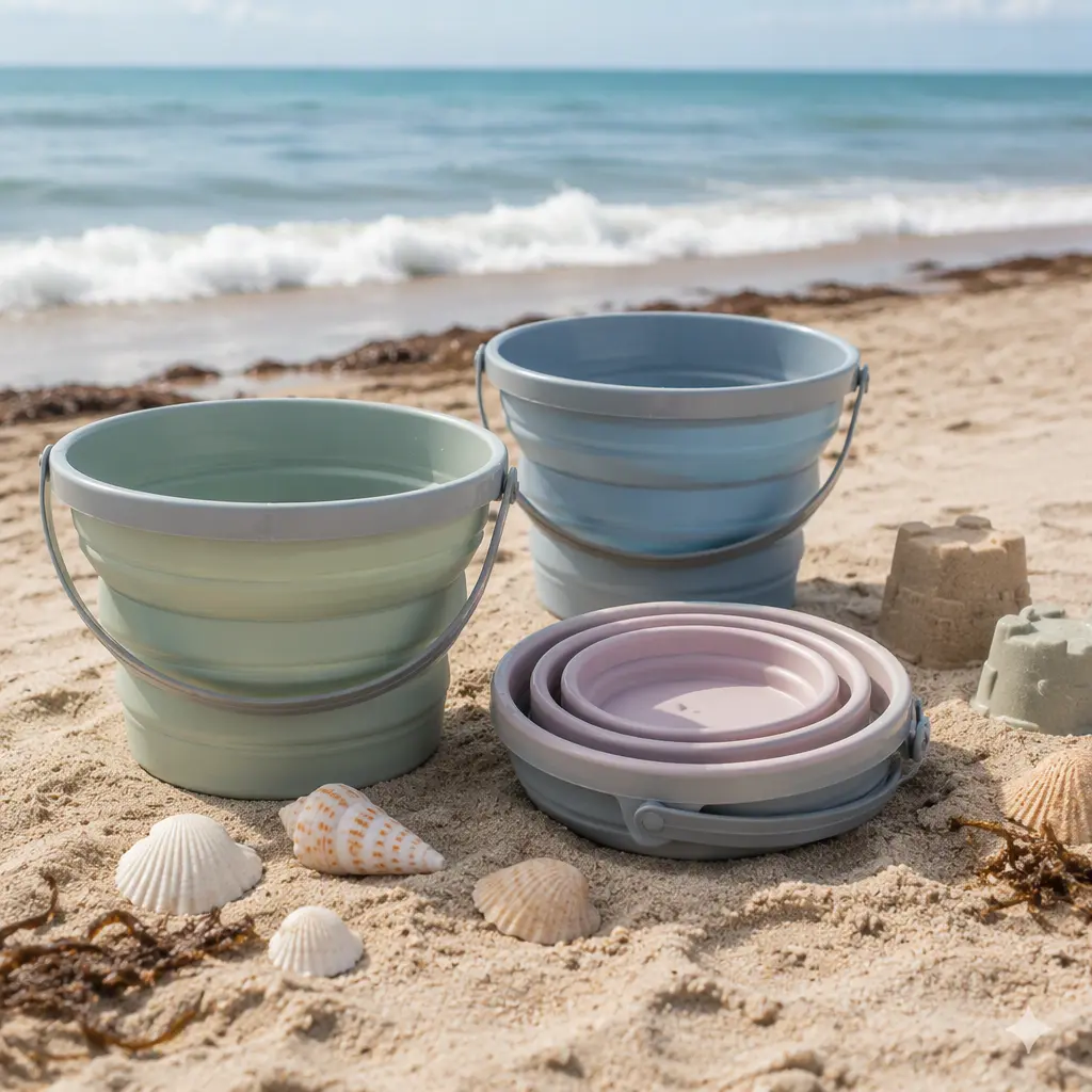 Flexible silicone beach buckets and sand toys on a sandy shoreline