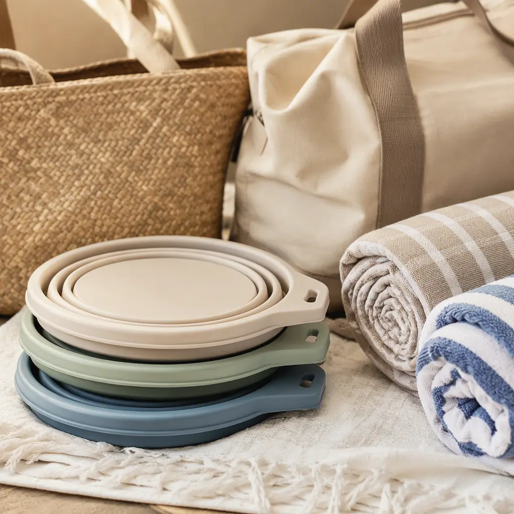 Collapsible silicone beach buckets packed beside travel items