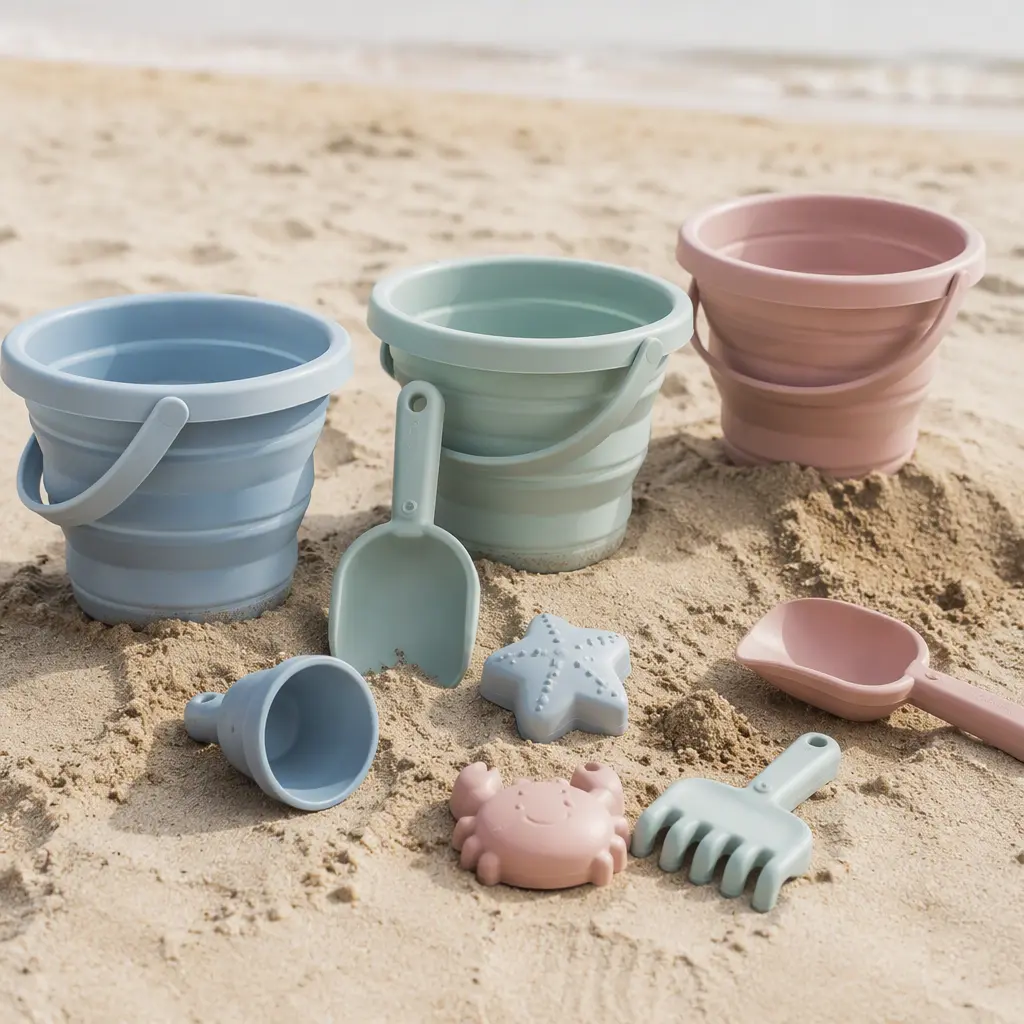 Soft collapsible silicone beach buckets and sand tools arranged on sand in a studio setting
