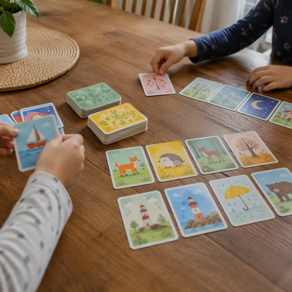 A children's sequencing card game being played on a dining table with colorful illustrated cards.