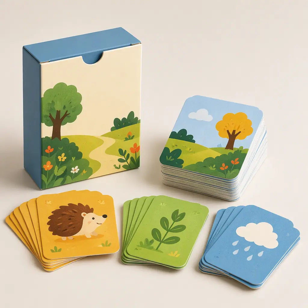 A compact children's card game set with illustrated cards arranged in stacks on a neutral background.