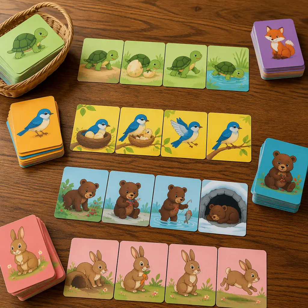 A colorful children's sequencing card game laid out on a wooden table with bright illustrated cards.