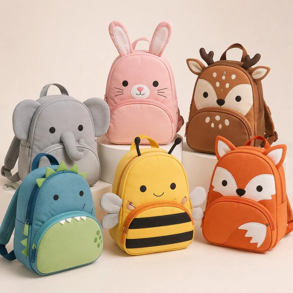A group of colorful animal-themed children's backpacks in a studio setting