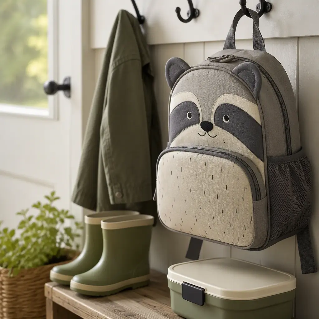 A preschool animal backpack hanging beside children's outdoor gear