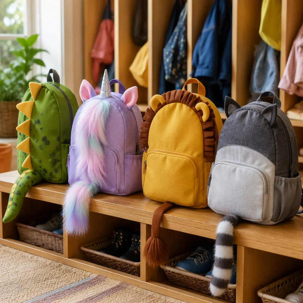 Animal-themed preschool backpacks lined up on a bench in a classroom setting