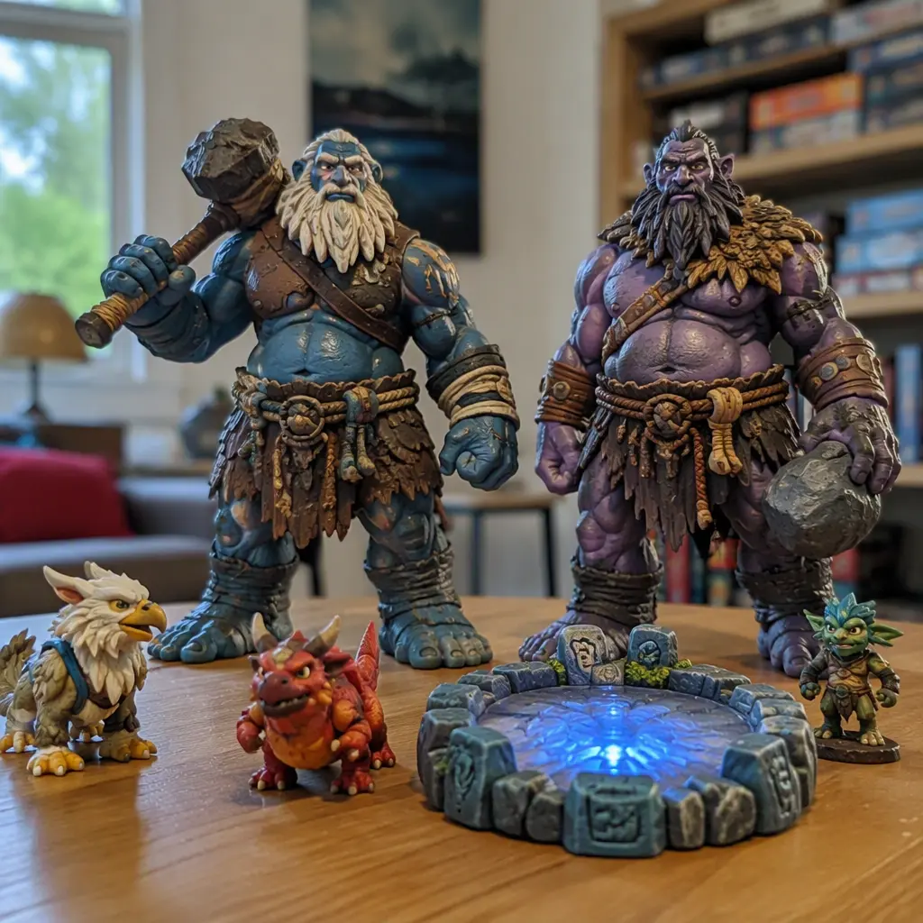 Large and small fantasy collectible toy figures gathered around a portal-style game accessory