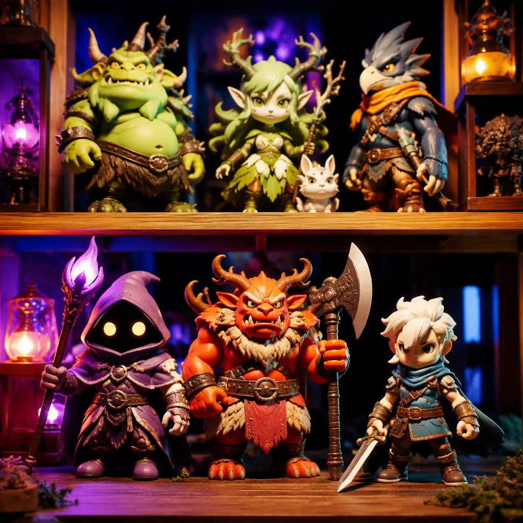 Oversized fantasy collectible toy figures displayed on shelves in a dramatic studio setting