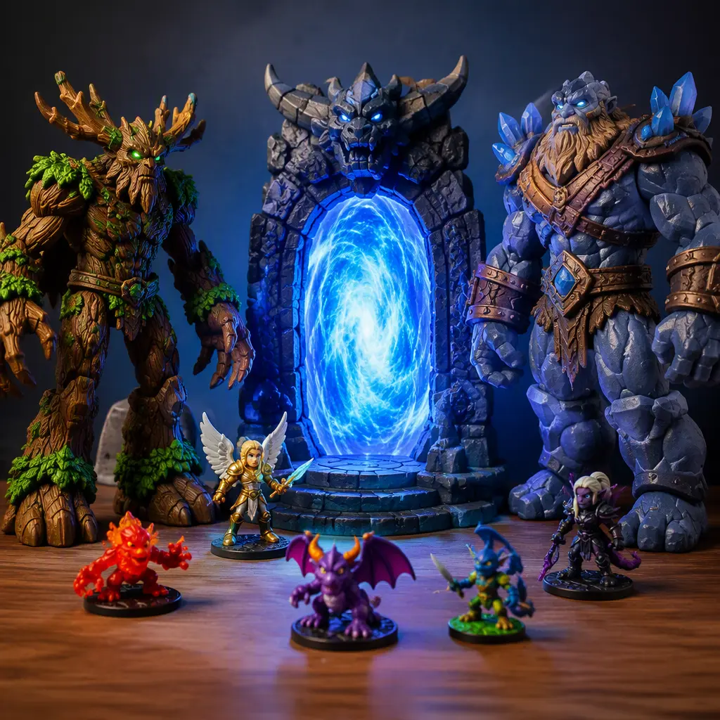 Large fantasy toy figures displayed with a portal-style gaming accessory and smaller collectible toys