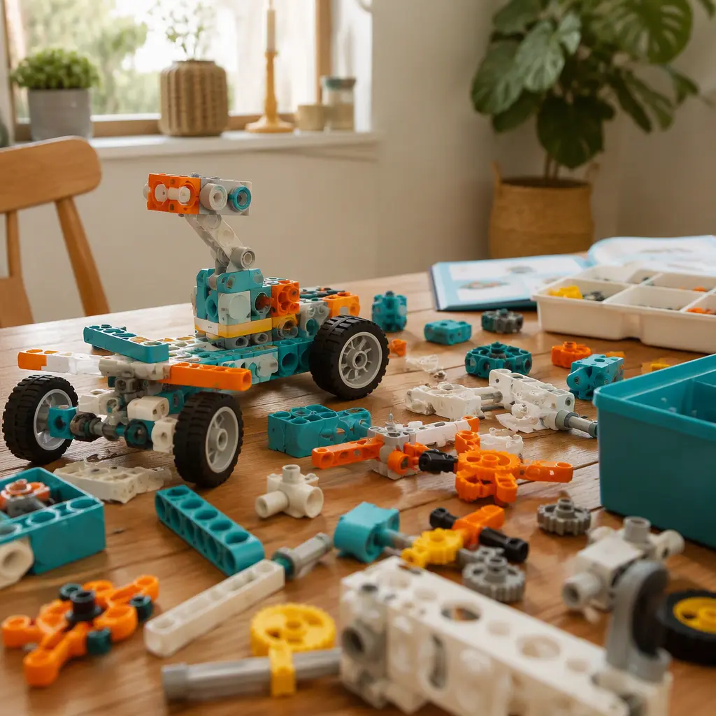 Robot building parts arranged on a family table