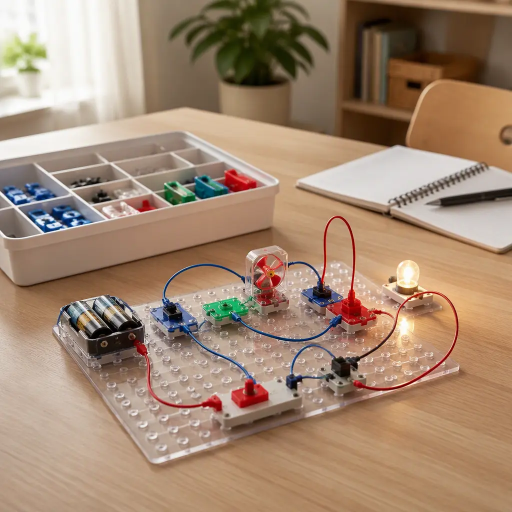 Solder-free electronics circuit kit assembled on a tabletop