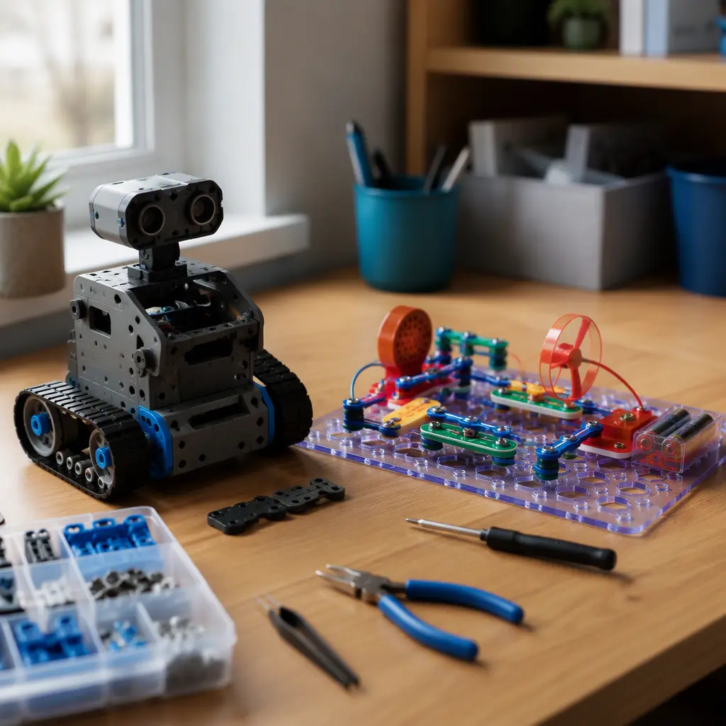 Snap-together robot parts and a solder-free circuit kit on a desk in natural light