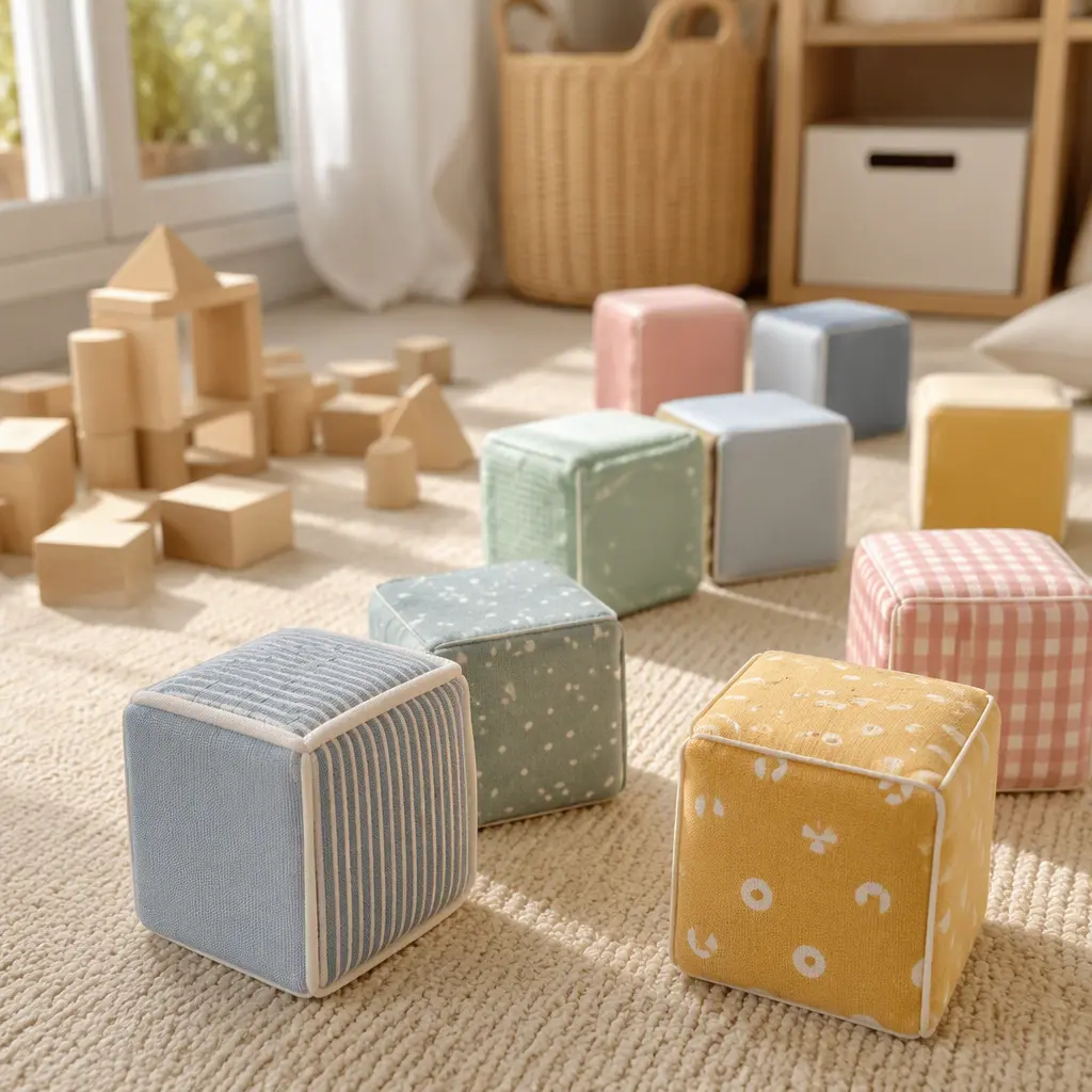 Soft and wooden baby blocks on a carpet in natural light