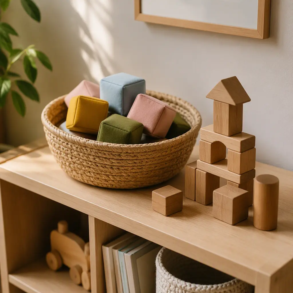 Stored soft blocks and wooden blocks on a playroom shelf