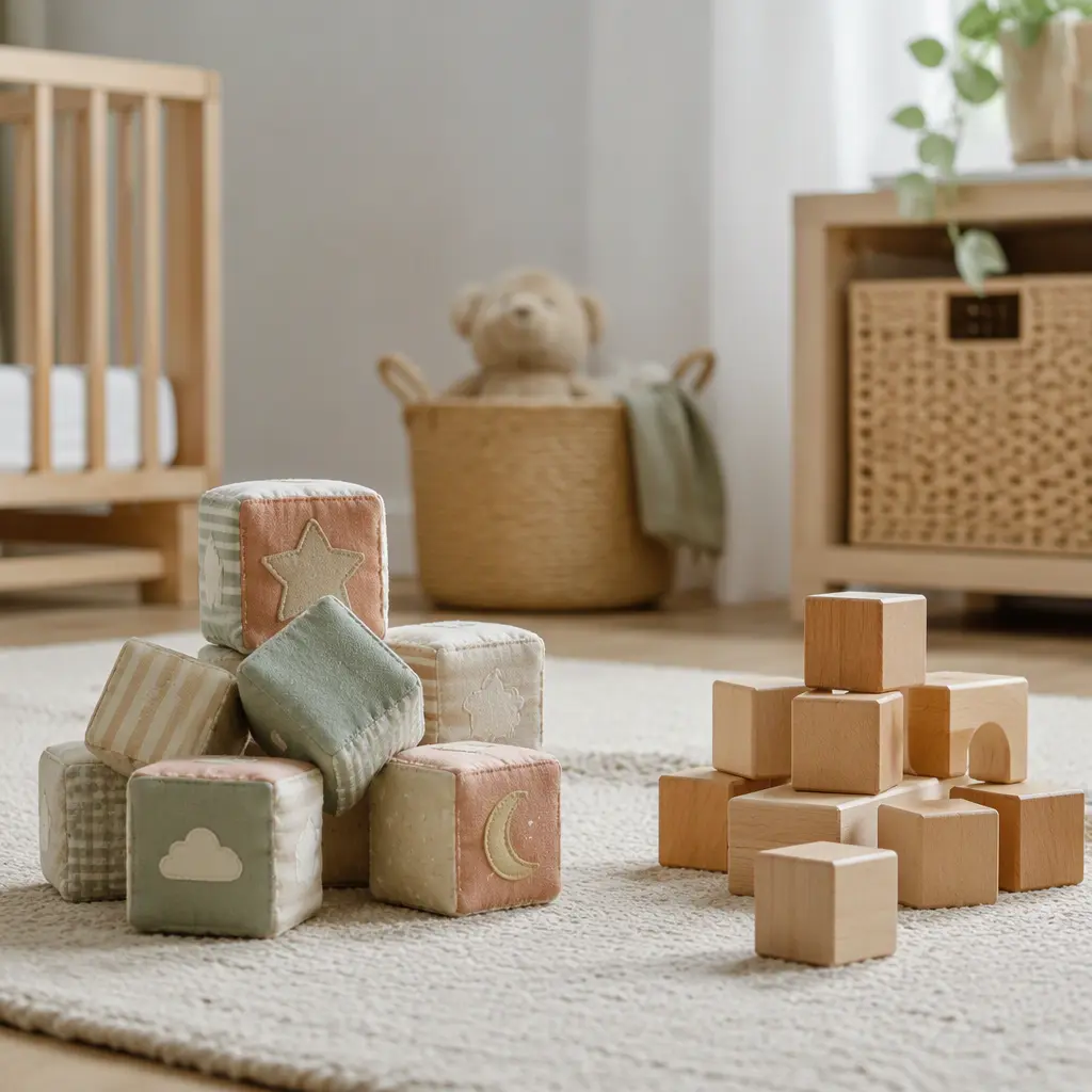 Soft baby blocks and wooden blocks arranged on a nursery rug