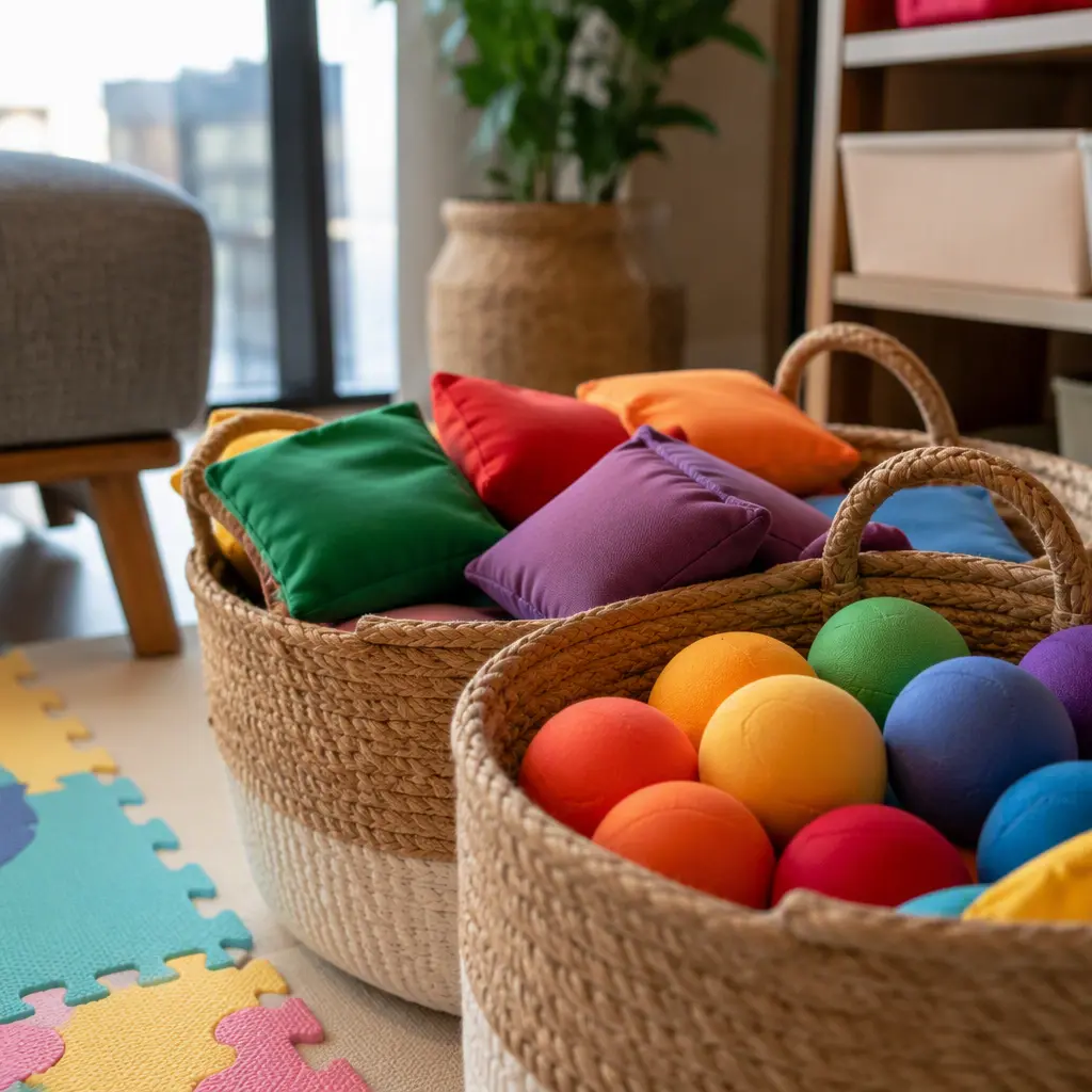 Foam balls and beanbags stored in baskets beside a play area