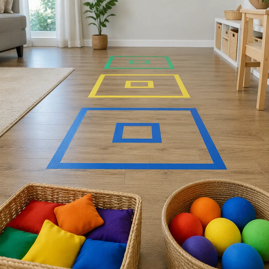 Indoor target game setup with foam balls and beanbags