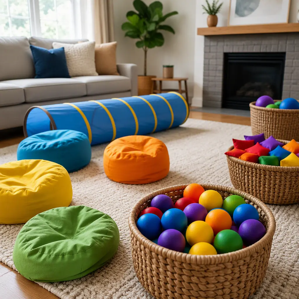 Soft foam balls and beanbags arranged for indoor play in a living room
