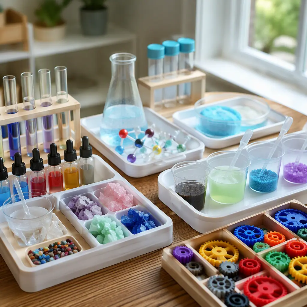 Organized tabletop science activity materials for independent play